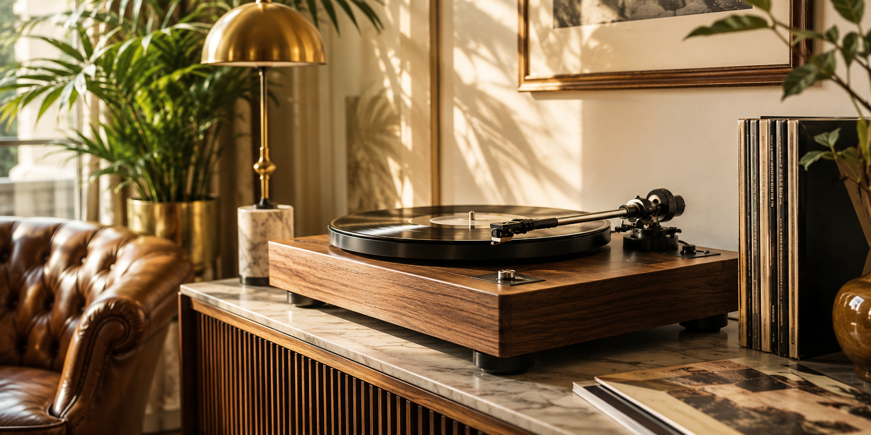 Platine vinyle en bois dans un intérieur chaleureux — Kaddanse