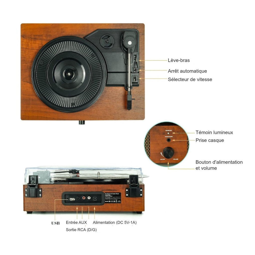 Platine Vinyle Vintage à Enceintes Bois Clair — vue 2 | Kaddanse