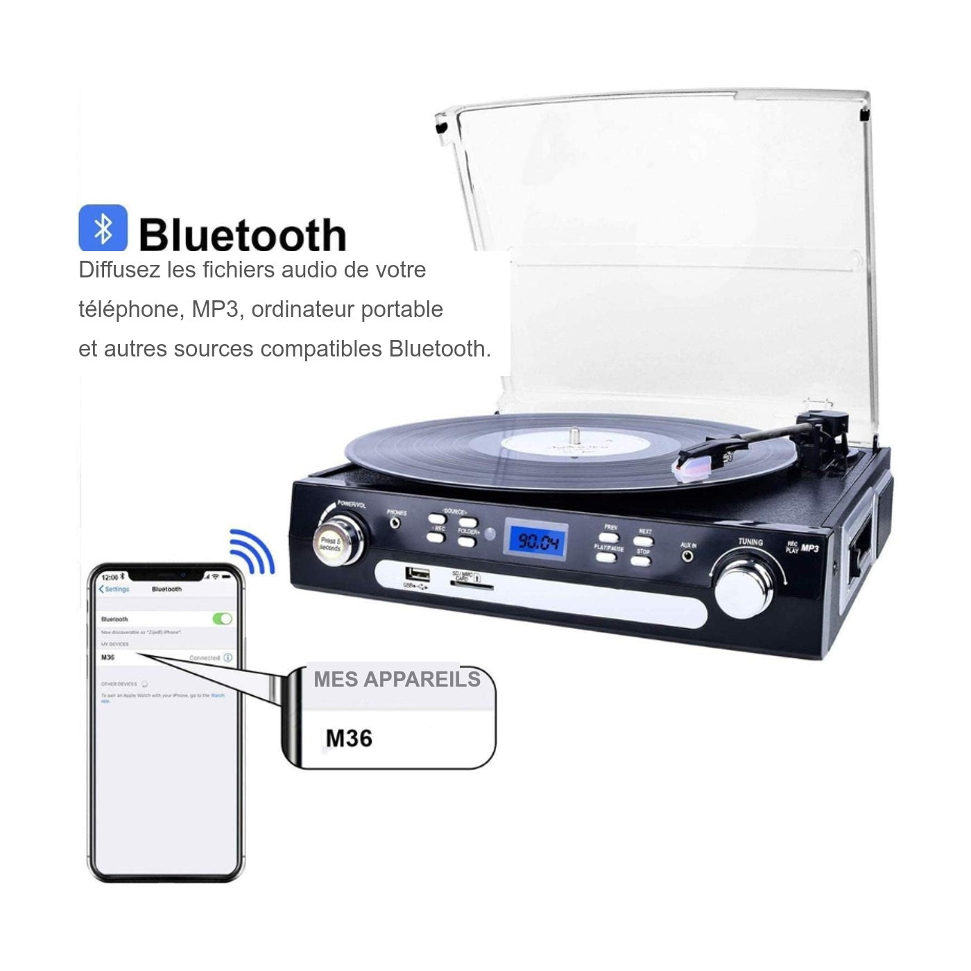 Platine Vinyle Radio Vintage Multiformat — vue 3 | Kaddanse