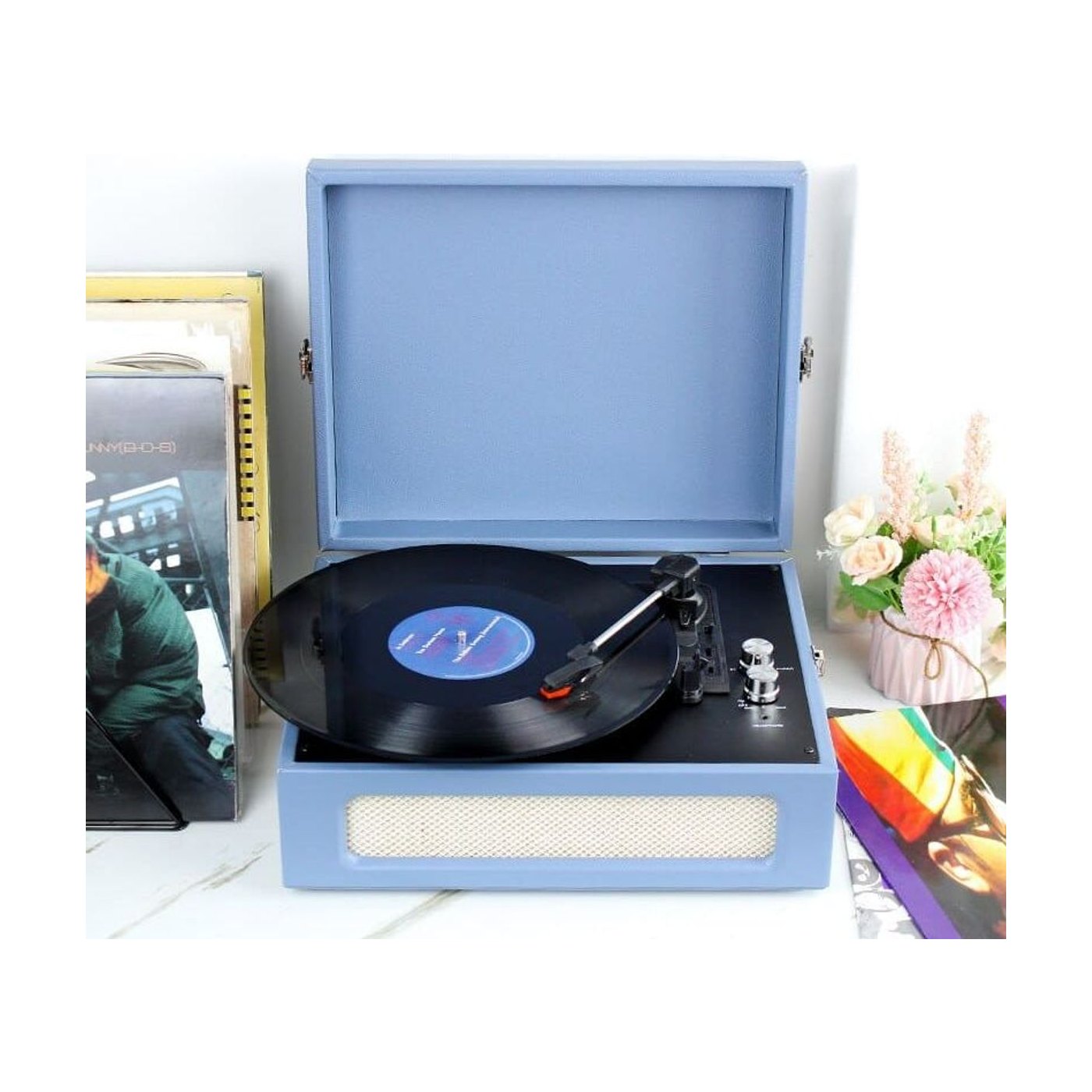 Platine Vinyle Valise Crème Bluetooth USB RCA Bleu | Kaddanse