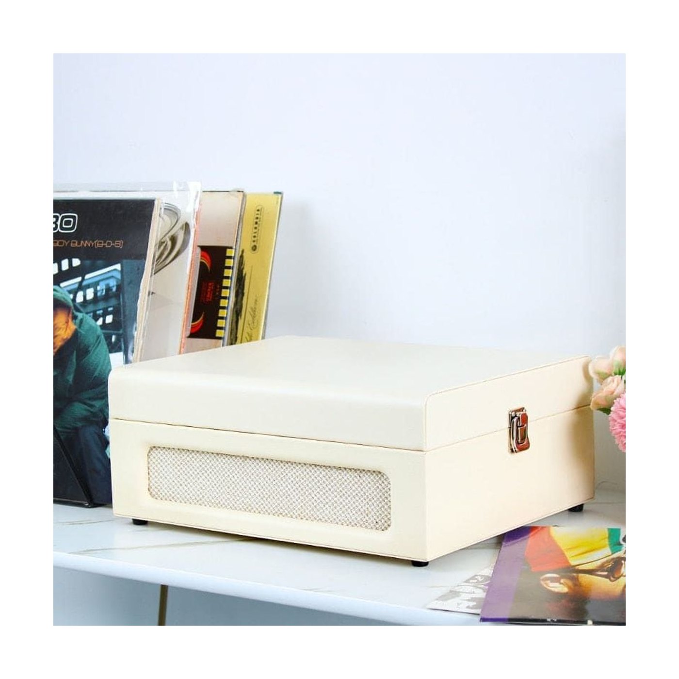 Platine Vinyle Valise Crème Bluetooth USB RCA Blanc | Kaddanse